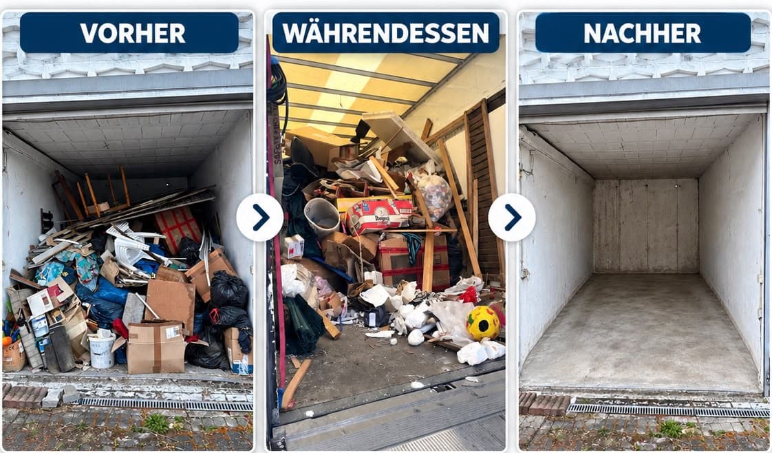 Entrümpelung in drei Schritten: volle Garage, Beladung des Transporters, leerer Raum