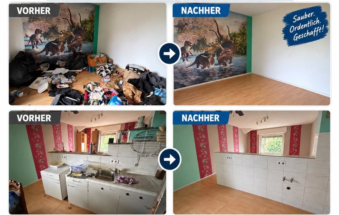 Vorher-Nachher einer Entrümpelung: vollgestellte Wohnung und Küche, danach besenrein geräumt
